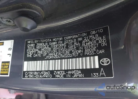 2010 Toyota Prius Ii из США, поврежденный, VIN JTDKN3DU7A0222707